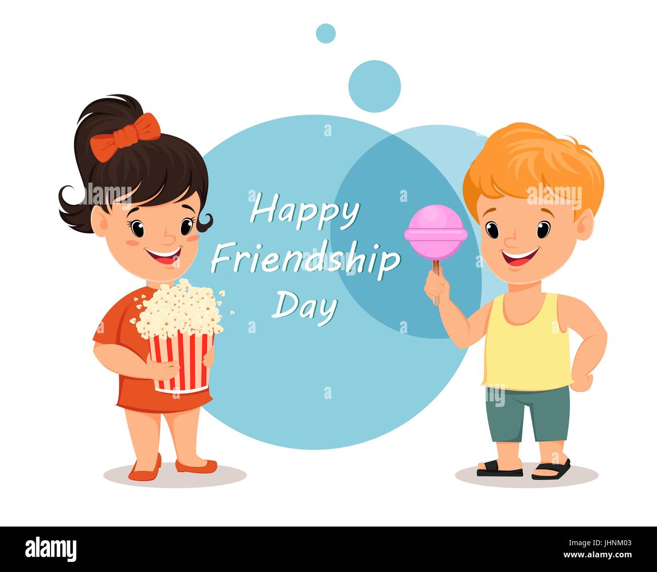Happy Friendship Day Smiling Girl With Popcorn And Boy With Candy Greeting Card Vector Illustration Stock Vector Image Art Alamy
