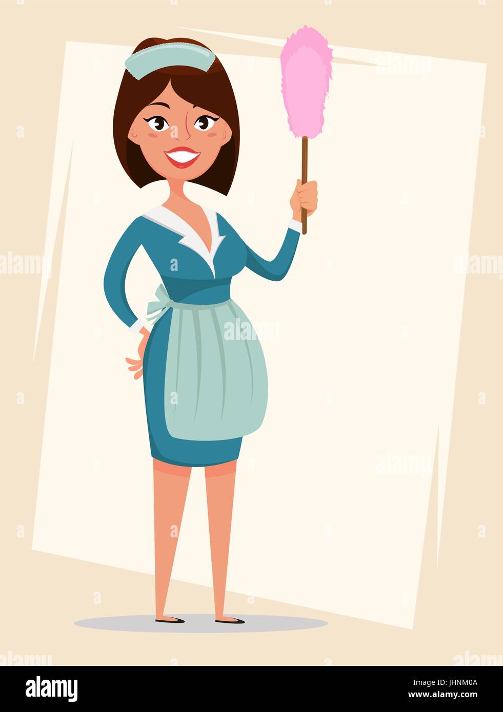 Maid, cute smiling girl dressed in classic French maid clothes, holding dust brush. Cartoon character. Cleaning service advertisement. Vector illustra Stock Vector