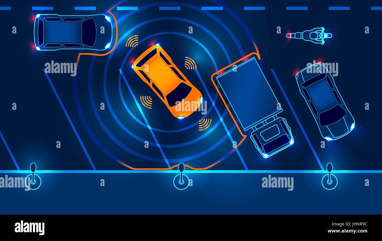 Smart car is automatically parked in the Parking lot, the view from the top. Parking Assist system security scans the road. Vector illustration. Stock Vector