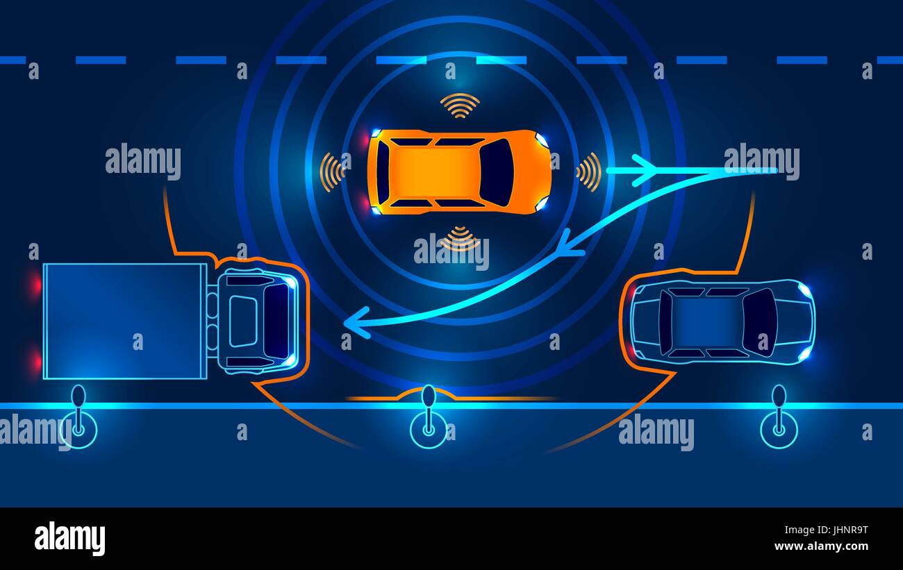 Smart car Parking Assist system parallel Parking. Vector illustration