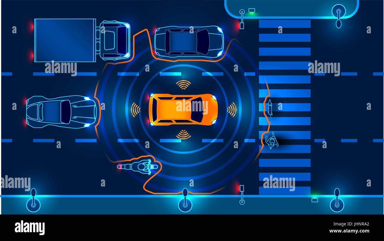 Autonomous smart car scans the road operates the machine automatically stops at the crosswalk in the city. Vector illustration. Stock Vector