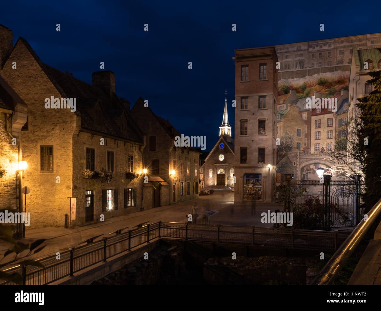 Streets of Old Quebec City, near of La Fresque des Quebecois during the night. Canada Stock Photo