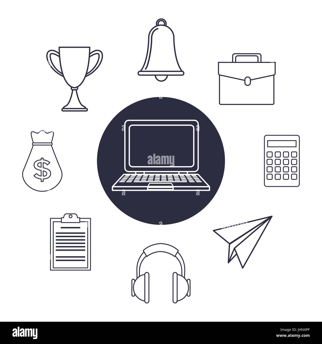 white background with silhouette tech laptop set icons elements office ...