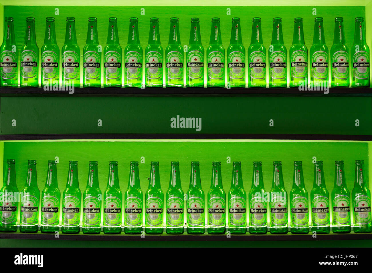 Heinekin beer bottles lines up on display Stock Photo