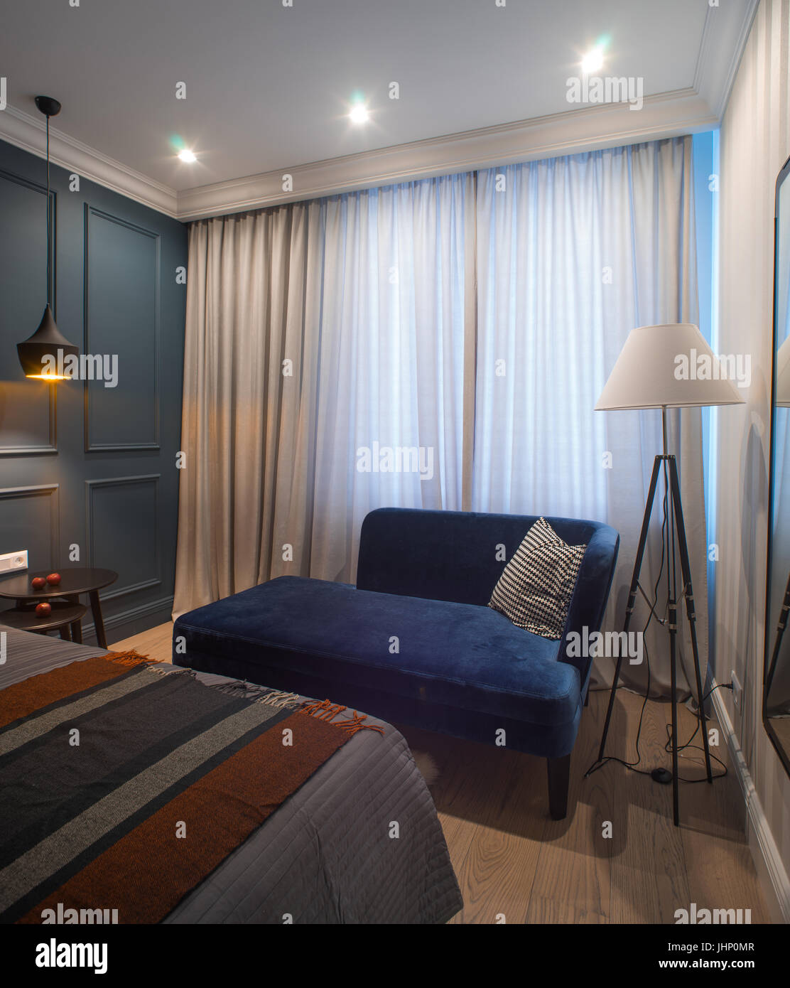 Bedroom Laconic Home Interior Cozy Blue Couch Stock Photo