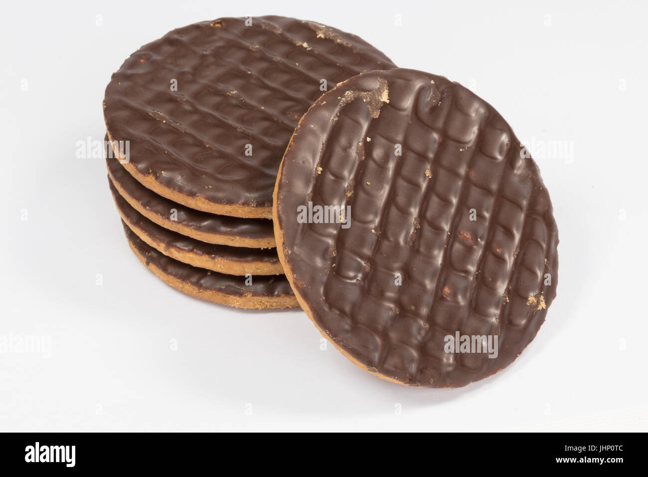Plain Chocolate digestive biscuits isolated on a white background Stock Photo