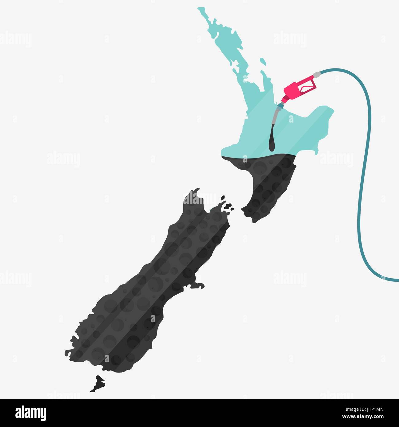 Map of New Zealand being fueled by oil. Gas pump fueled map. On the map there is glass reflection. Conceptual. Oil producing or importing countries. Stock Vector