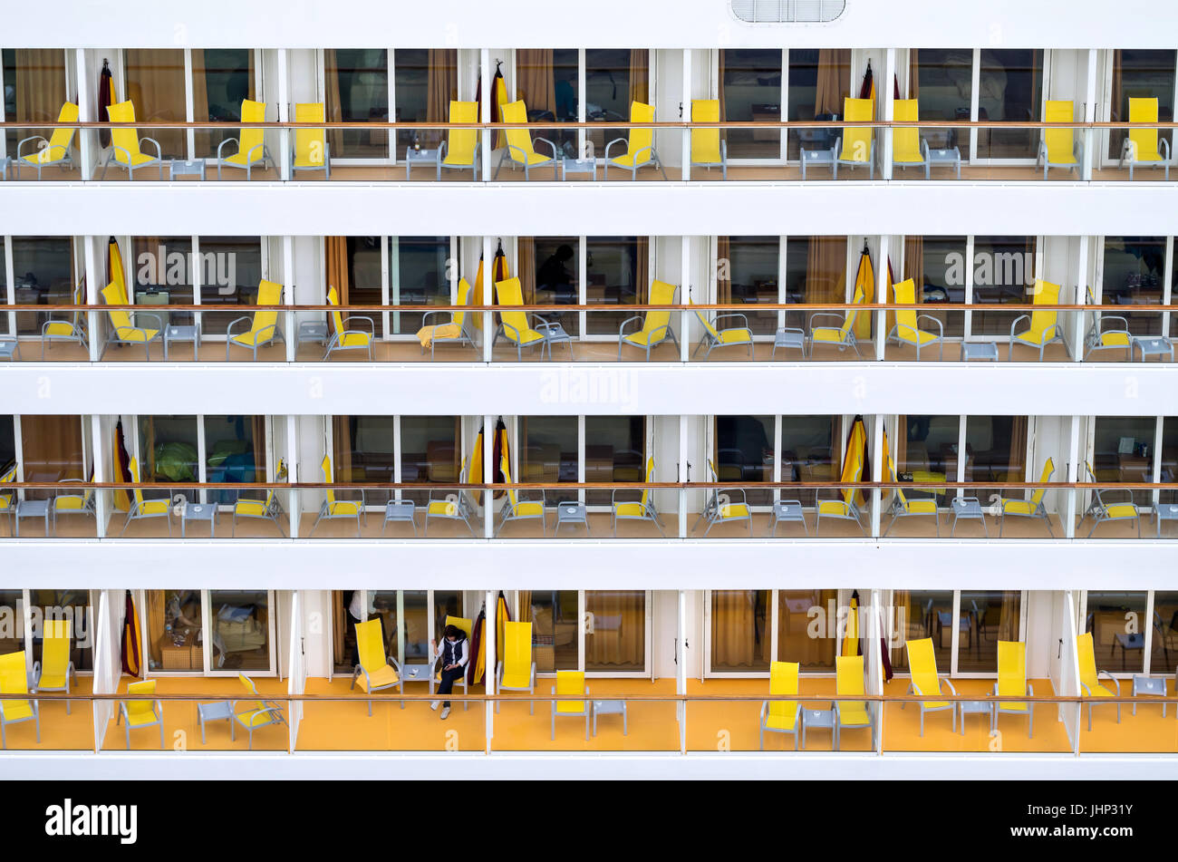 Balconies of AIDAluna. AIDAluna is a Sphinx class cruise ship, built at Meyer Werft for AIDA Cruises, one of ten brands owned by Carnival Corp. Stock Photo