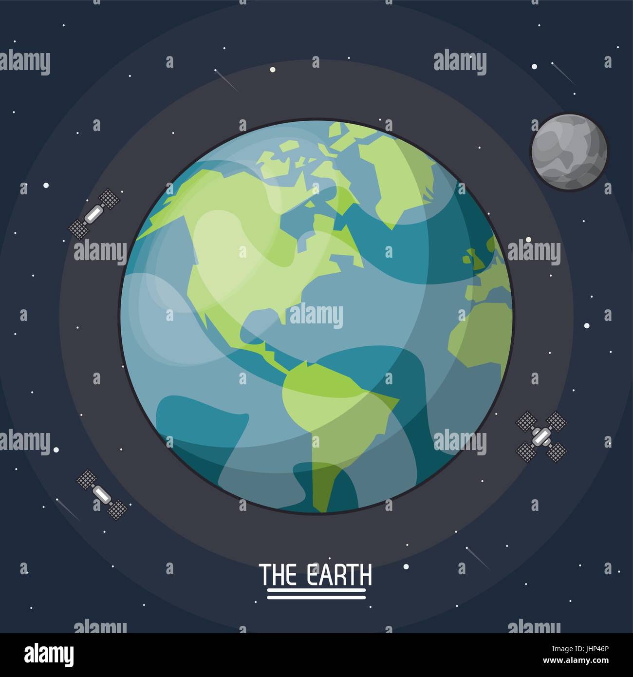 colorful poster of the planet earth in the space with satellites and moon around Stock Vector