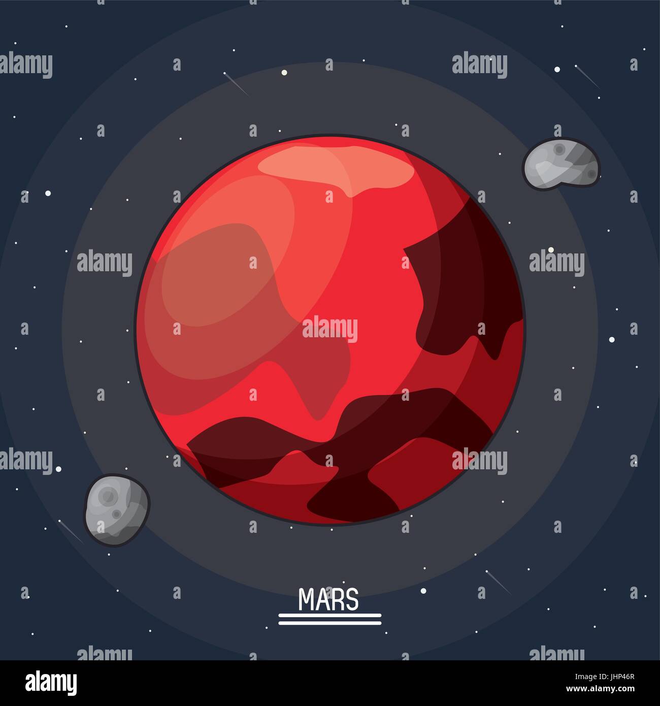 colorful poster of the planet mars in the space with asteroids in orbit ...