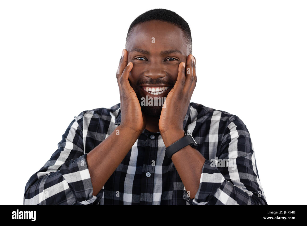 Portrait of happy man standing against white background Stock Photo - Alamy