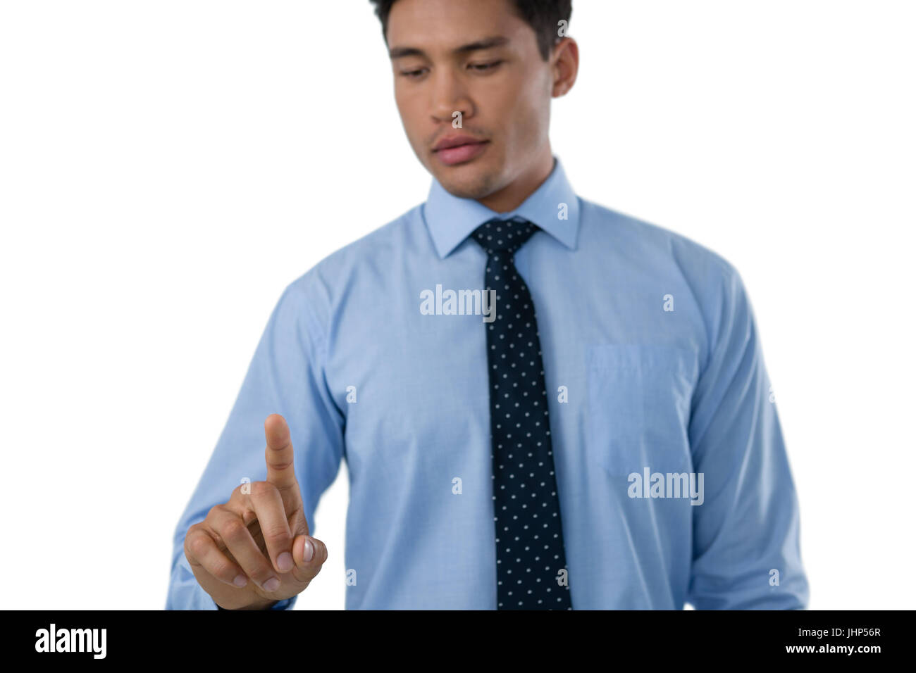 Businessman man wearing tie using interface screen against white background Stock Photo