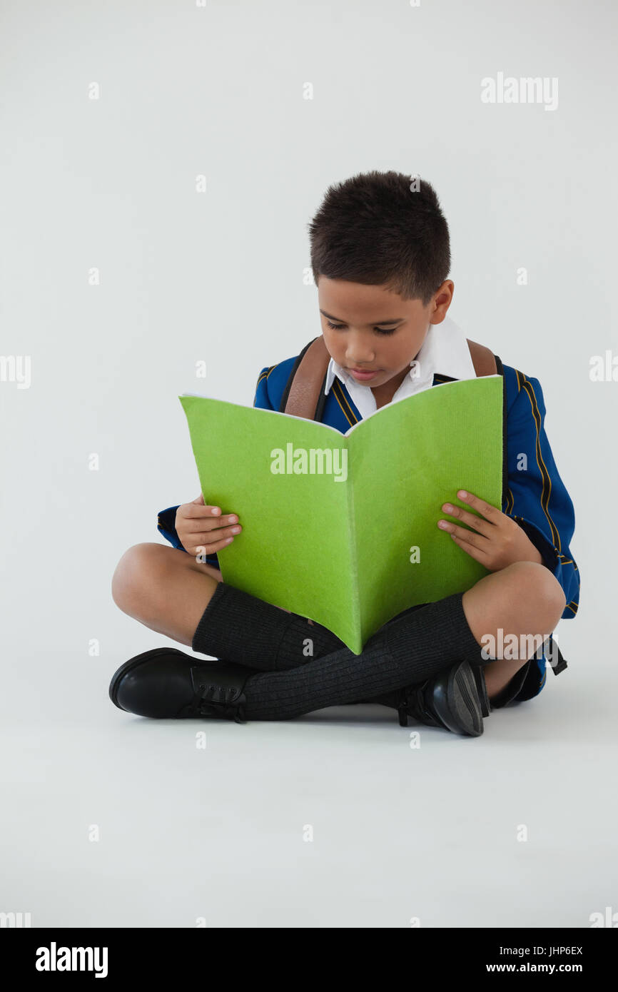 Attentive schoolboy reading book on white background Stock Photo - Alamy