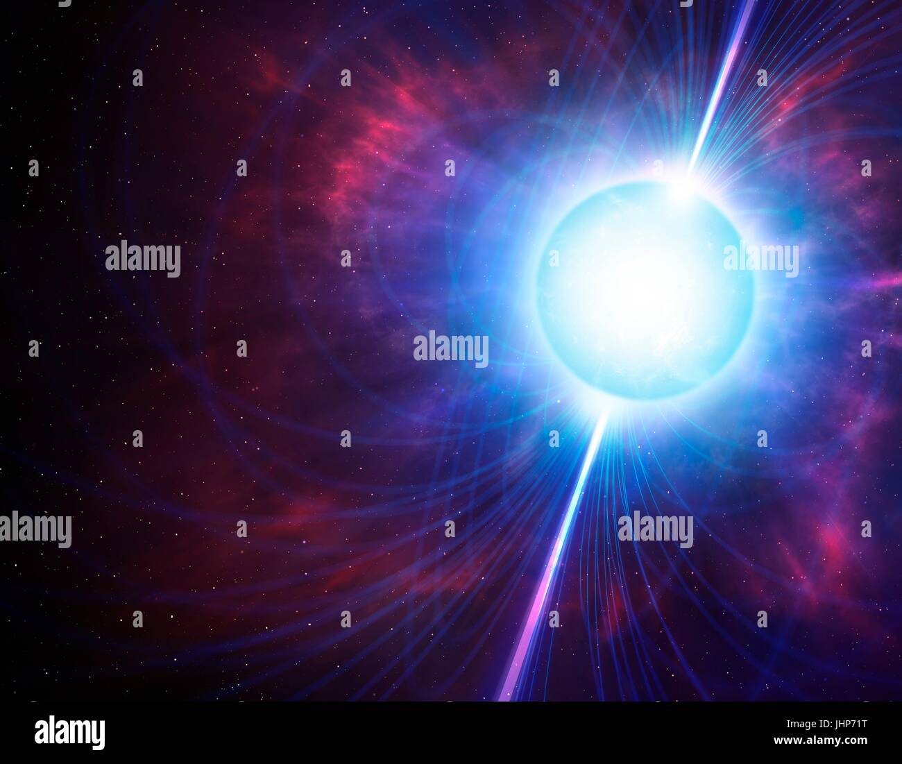 Computer artwork showing the magnetic field (lines) around a magnetar. A magnetar is a type of neutron star with an incredibly strong magnetic field (a million billion times stronger than that of the Earth), which is formed when certain stars undergo supernova explosions. Stock Photo
