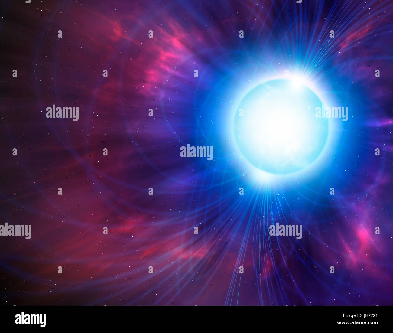 Computer artwork showing the magnetic field (lines) around a magnetar. A magnetar is a type of neutron star with an incredibly strong magnetic field (a million billion times stronger than that of the Earth), which is formed when certain stars undergo supernova explosions. Stock Photo
