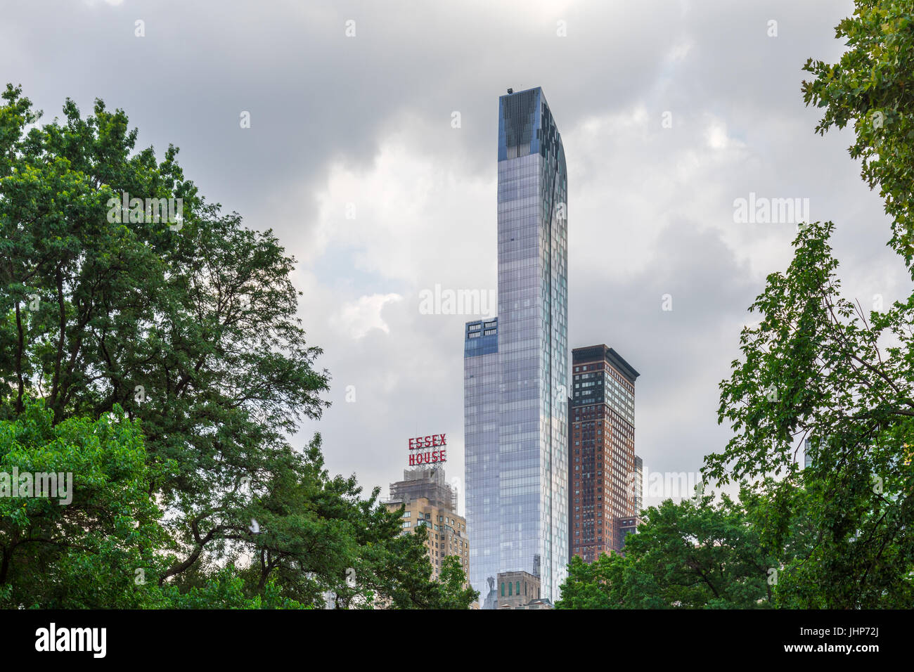 view of buildings on central park south from sheeps meadow in central park, NYC Stock Photo
