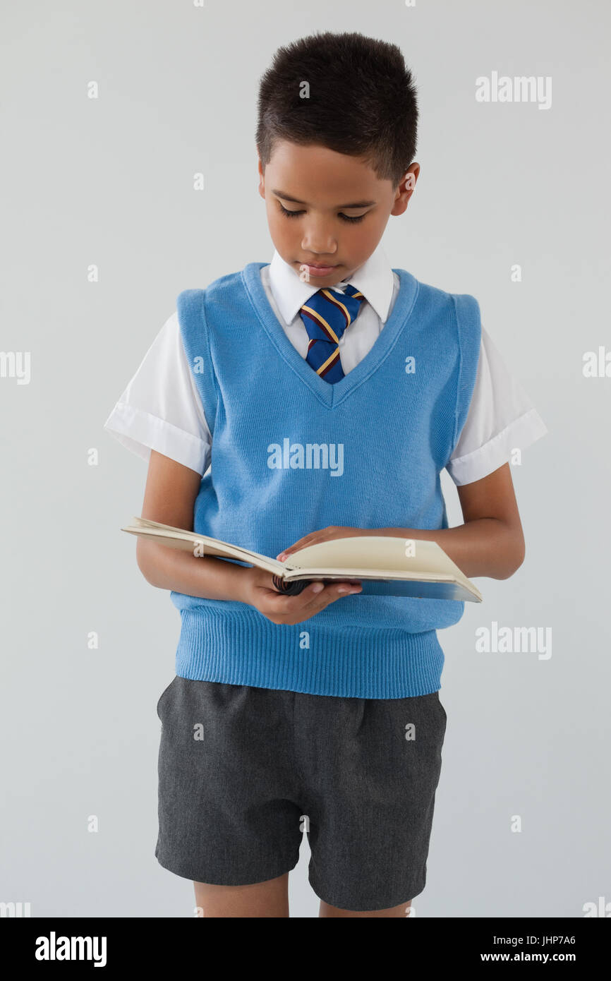 Attentive schoolboy reading book against white background Stock Photo ...