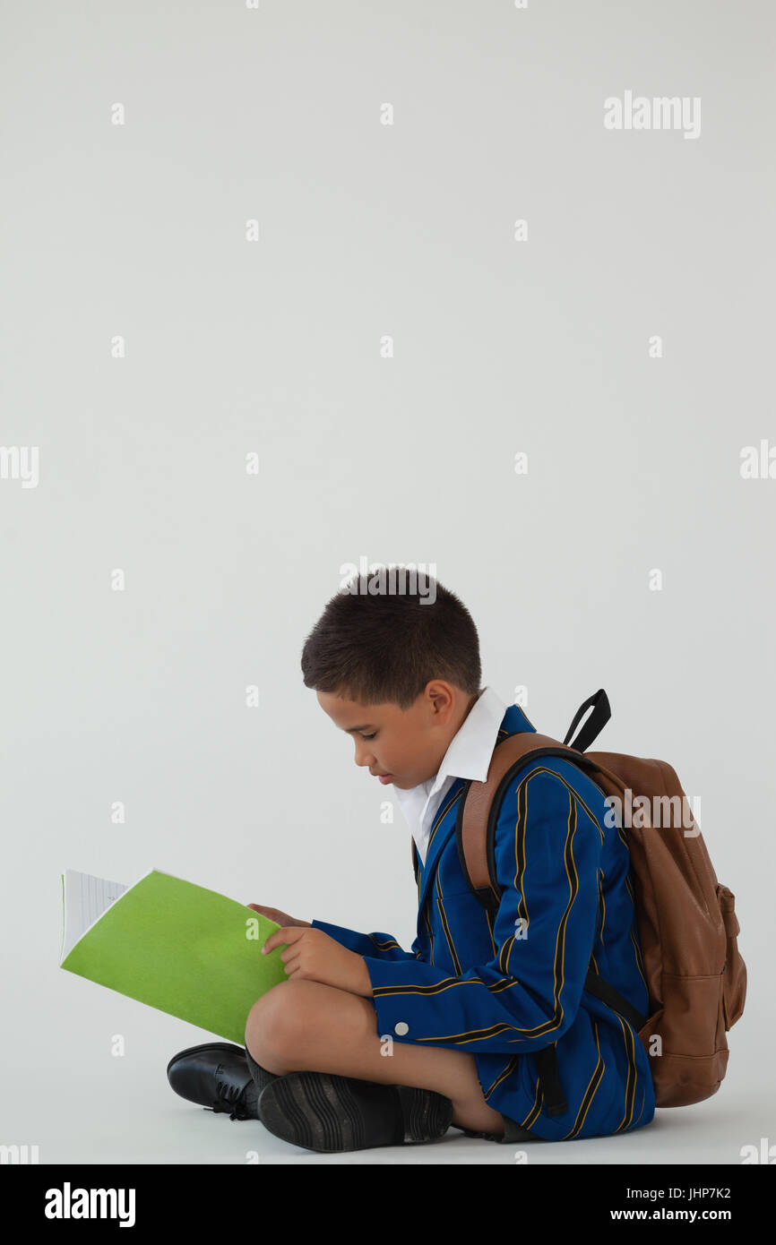 Attentive schoolboy reading book against white background Stock Photo ...