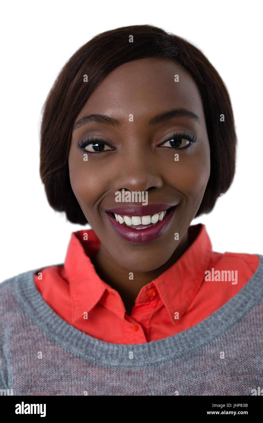 Close up of happy young woman against white background Stock Photo - Alamy