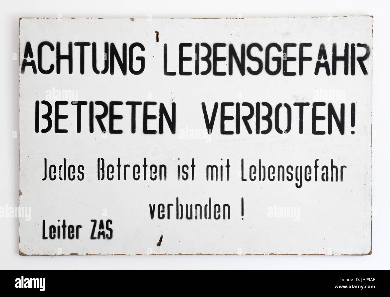 East - West German border warning sign. Found near Wernigerode in 1990 following the reunification of Germany at the end of the Cold War. Stock Photo
