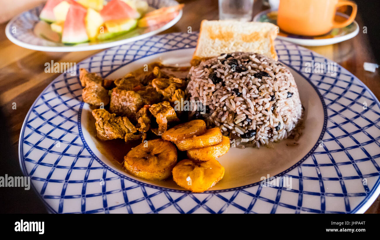 Costa rican Tico Cuisine Food Gallo Pinto Rice Plantain Beans Watermellon Beef Toast Ethnic Food Spanish Costa Rica Culture Eat Stock Photo