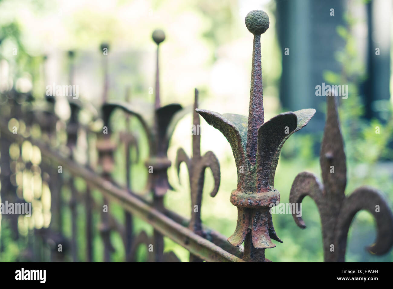 old rusty railing, wrought rusted fence, Stock Photo