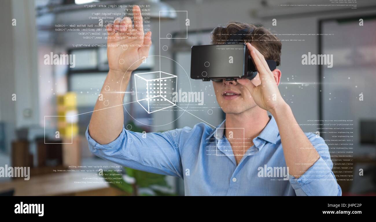 Digital composite of Man in VR headset touching interface Stock Photo ...