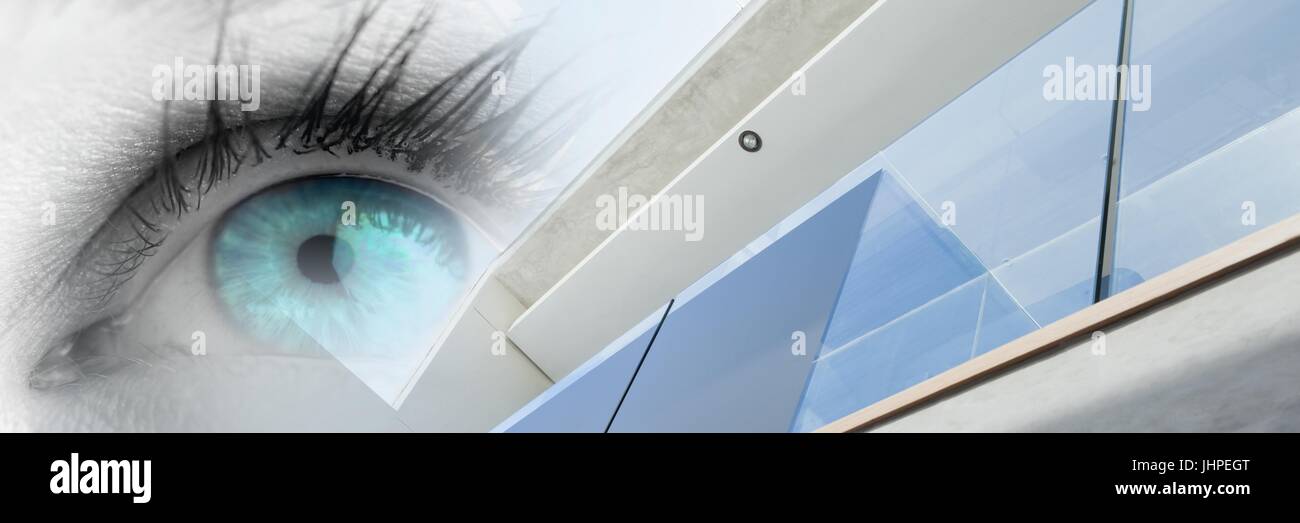 Digital composite of Close up of bright blue eye with window transition ...