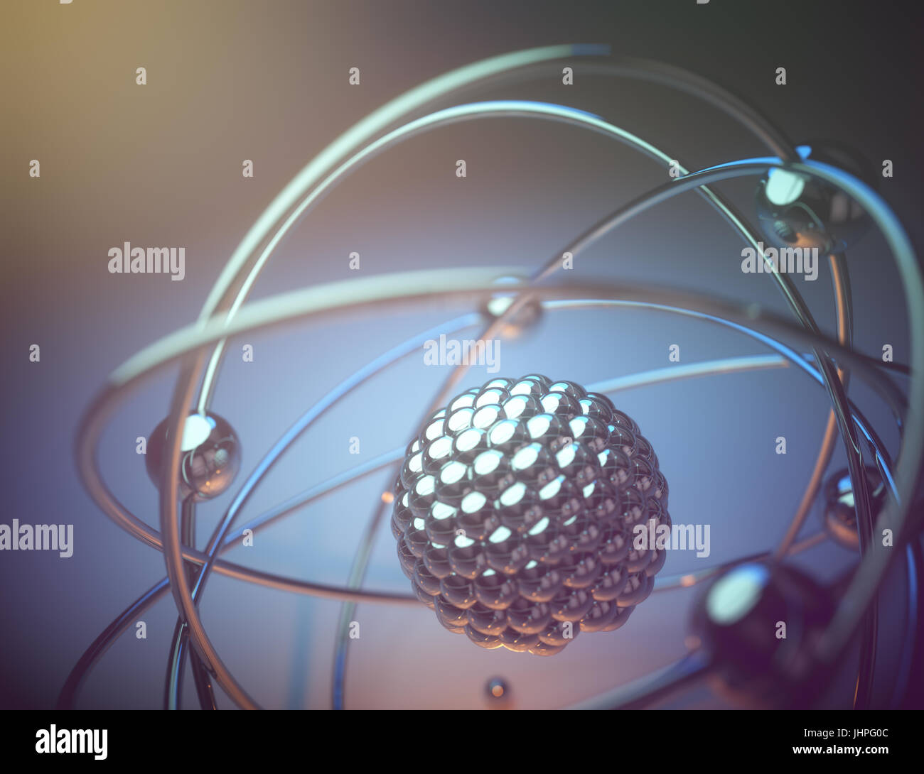 3D illustration. Concept image of a nuclear atomic model with nuclear fusion. Stock Photo