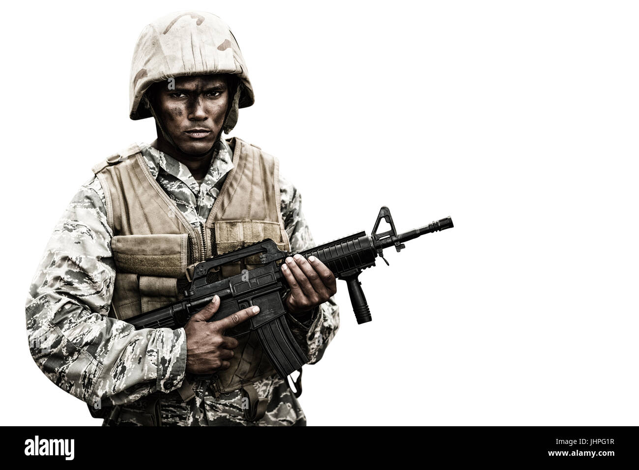 White background with vignette against military soldier carrying a rifle Stock Photo