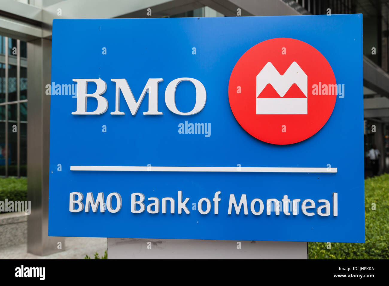 Sign of BMO (Bank of Montreal) in Toronto’s financial district Toronto, Ontario. Stock Photo