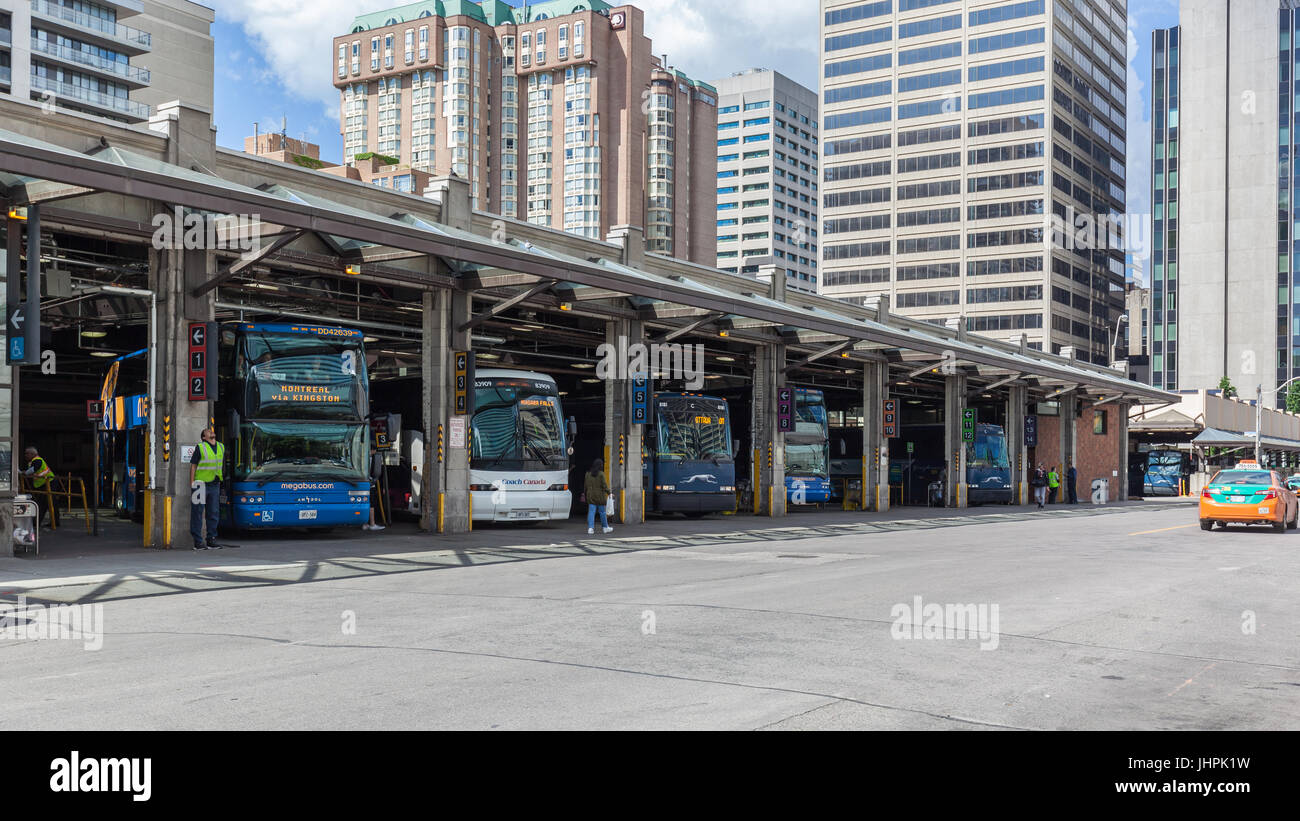 The bus platforms at the rear of the Toronto Coach Terminal in Toronto Stock Photo