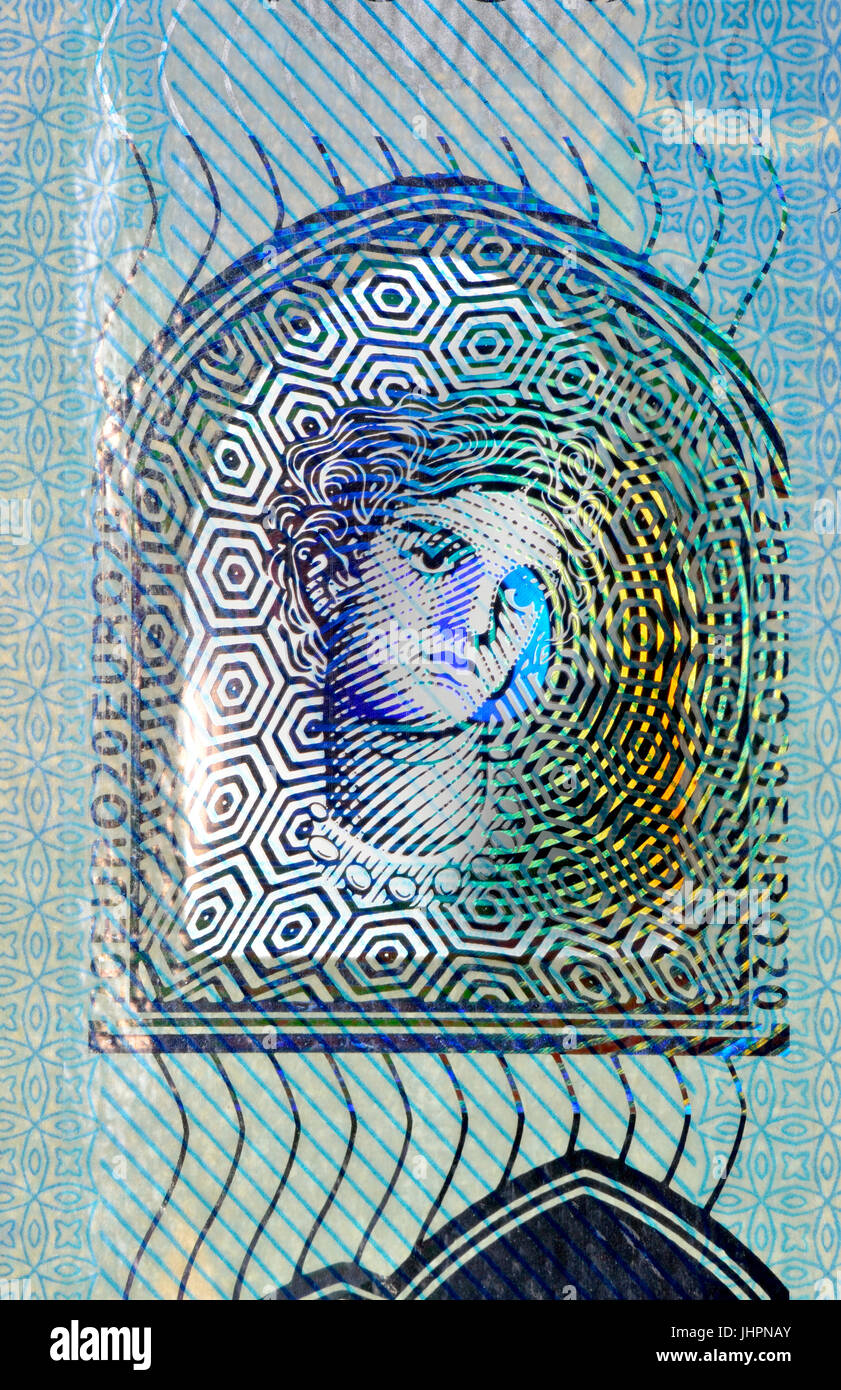 €20 banknote detail showing anti-forgery security features - new ...