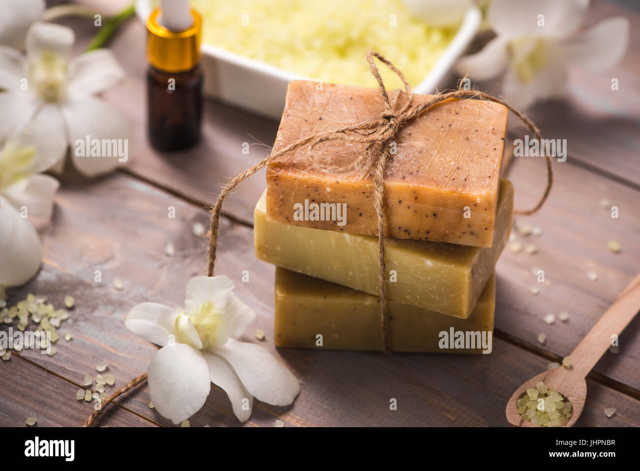 Handmade Soap with Flower branch. Spa products. Stock Photo