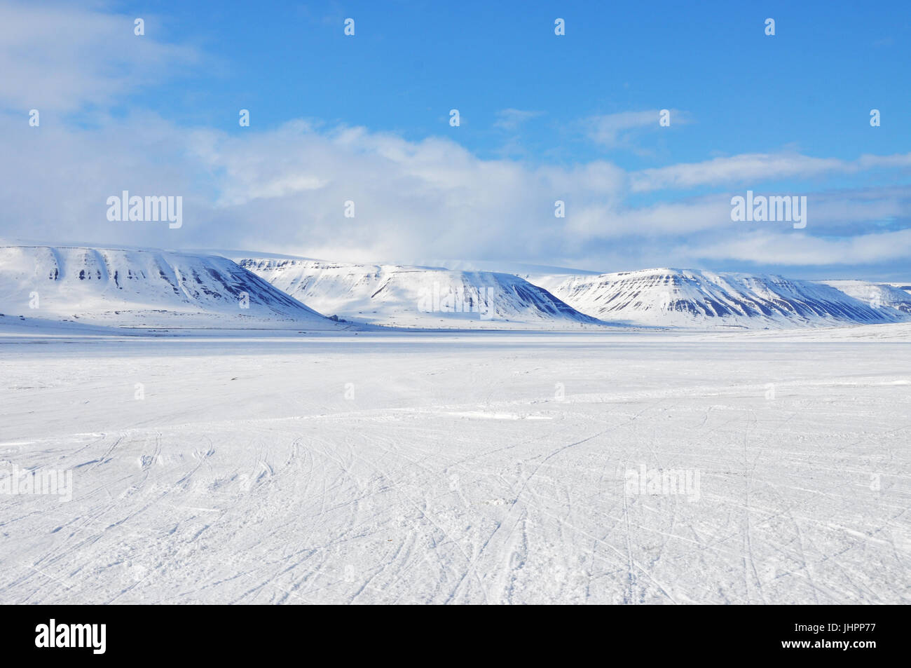 Flat Top Mountain range, Adventdalen, Longyearbyen, Svalbard Archipelago Stock Photo