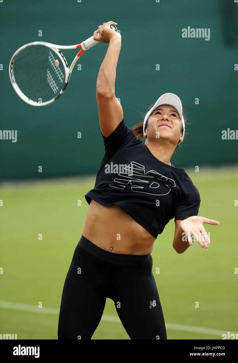 Heather Watson during a training session on day twelve of the Wimbledon  Championships at The All England Lawn Tennis and Croquet Club, Wimbledon  Stock Photo - Alamy