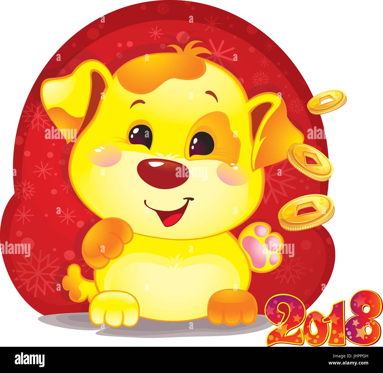 Cute Symbol of Chinese Horoscope Yellow Dog with Golden Coins for the