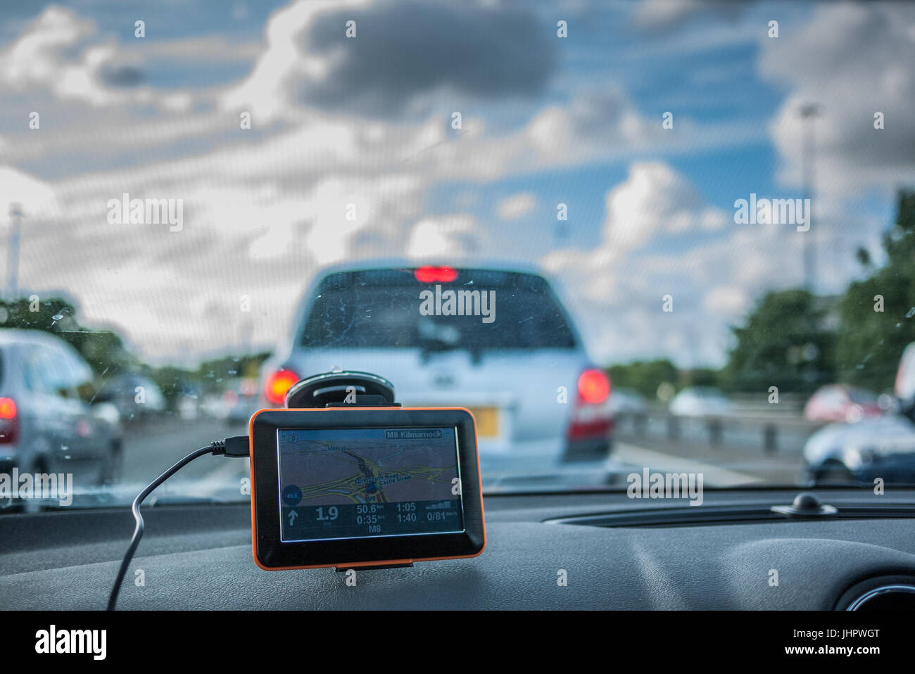 GPS navigation by car in a traffig jam, Scotland Stock Photo Alamy