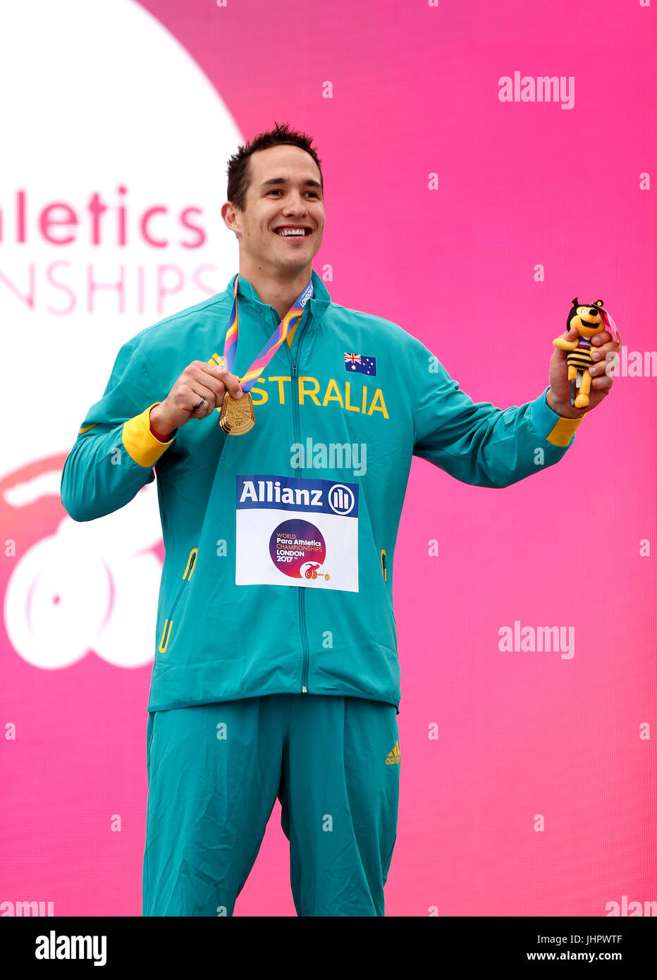 Australia's Cameron Crombie with his gold medal on the podium after the Men's Shot Put F38 during day two of the 2017 World Para Athletics Championships at London Stadium. PRESS ASSOCIATION Photo. Picture date: Saturday July 15, 2017. See PA story ATHLETICS Para. Photo credit should read: Paul Harding/PA Wire. Stock Photo