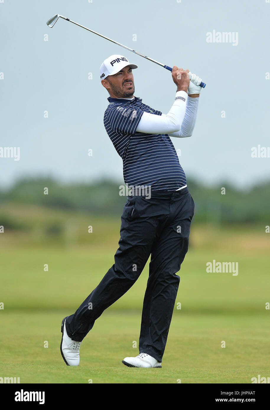 France's Gregory Havret plays his second shot to the 5th hole during day three of the 2017 Aberdeen Asset Management Scottish Open at Dundonald Links, Troon. Stock Photo