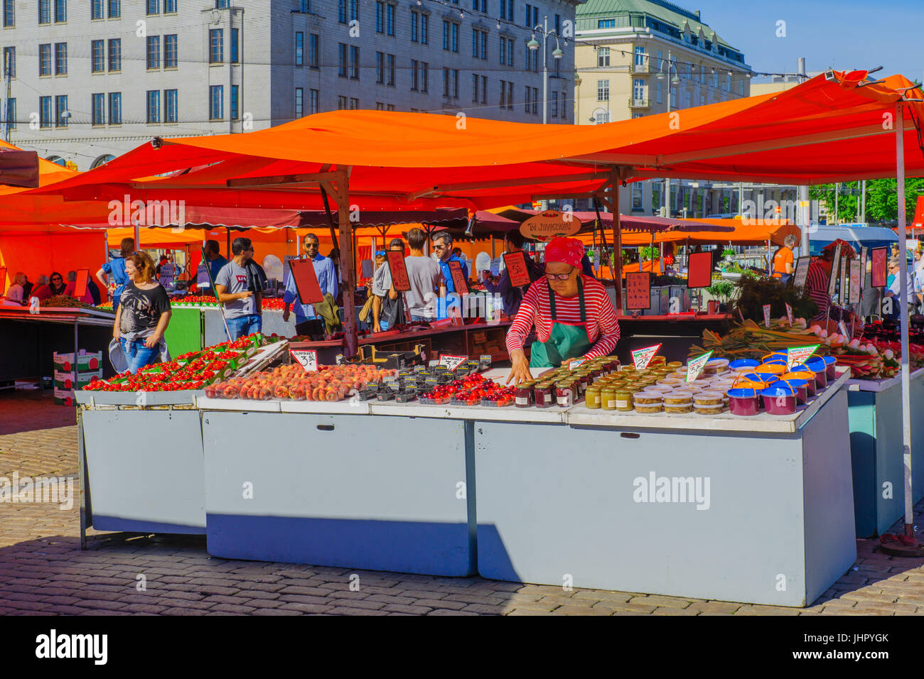 HELSINKI, FINLAND - JUNE 16, 2017: Scene of the South Harbor Market Square, with locals and visitors, in Helsinki, Finland Stock Photo