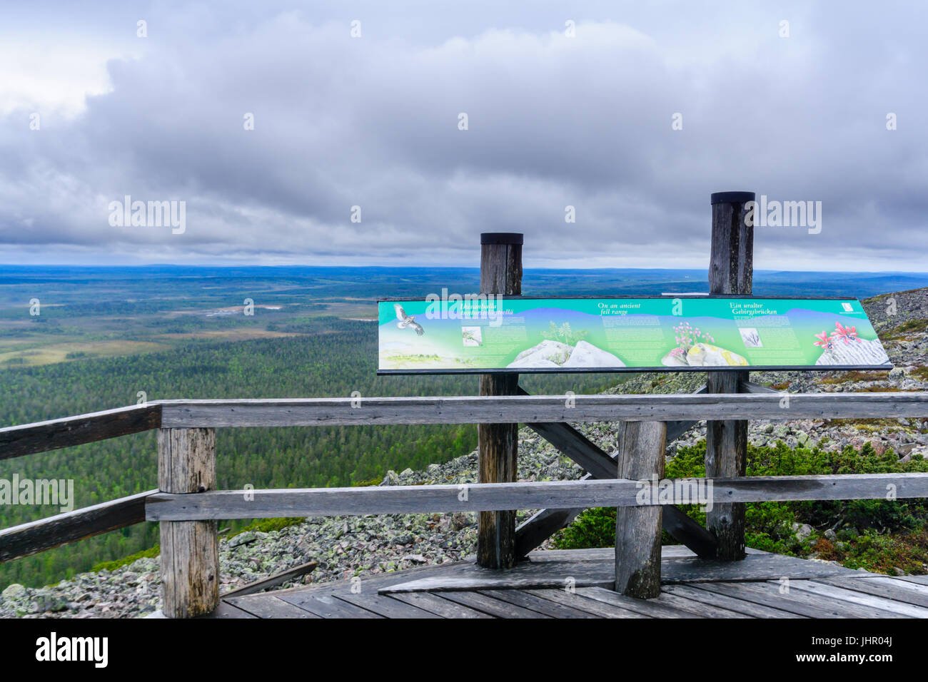 LUOSTO, FINLAND - JUNE 21, 2017: Information signs and landscape from the summit of Ukko-Luosto Fell, in Pyha-Luosto National Park, Lapland, Finland Stock Photo