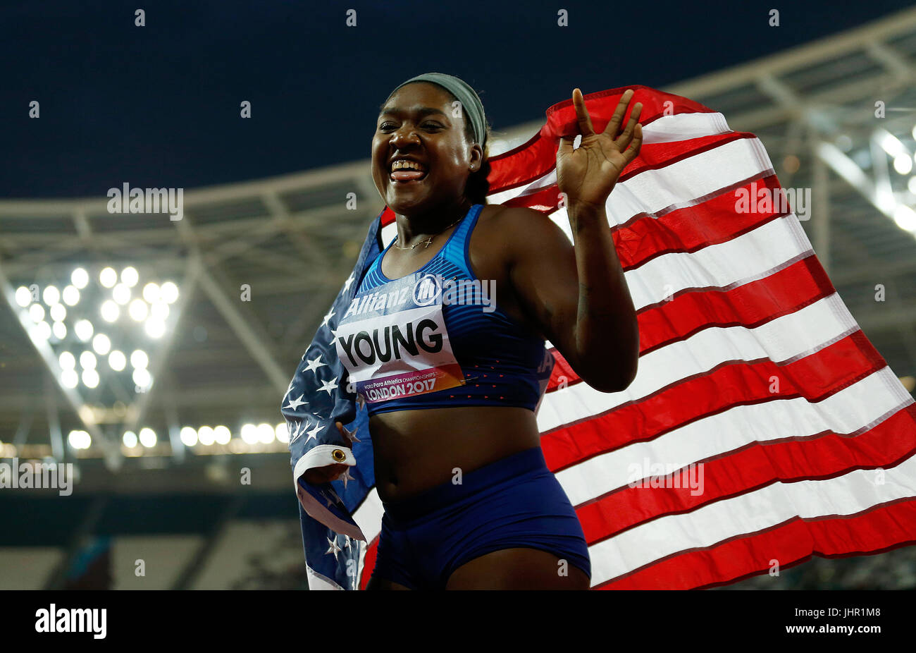 USA's Deja Young celebrates winning the Women's 200m T47 Final during