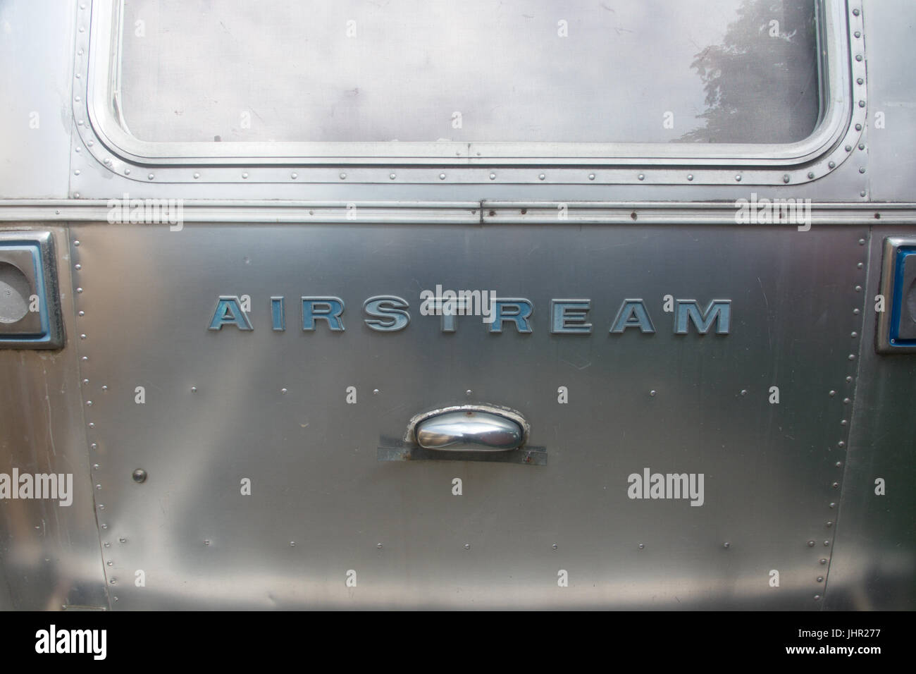 Tight shot of old Airstream logo. Stock Photo