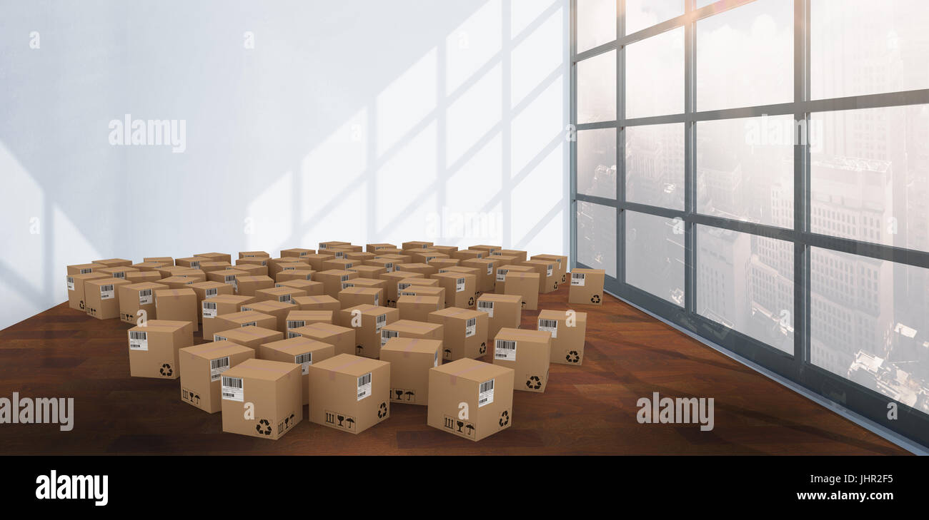 Group of digital composite cardboard boxes against interior of empty ...