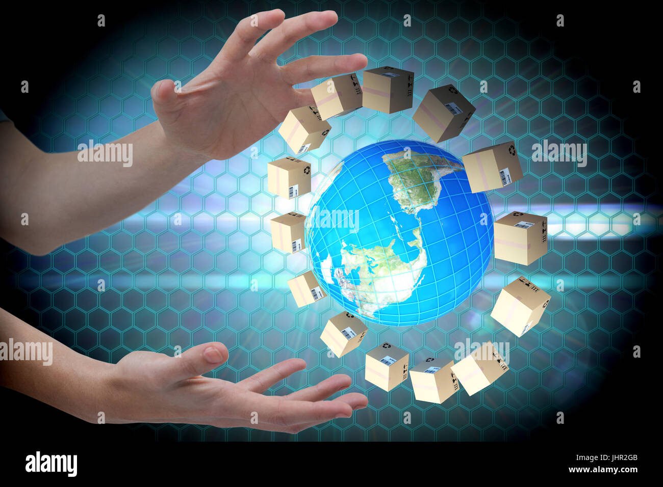 Hands gesturing against white background against black background with shiny hexagons Stock Photo