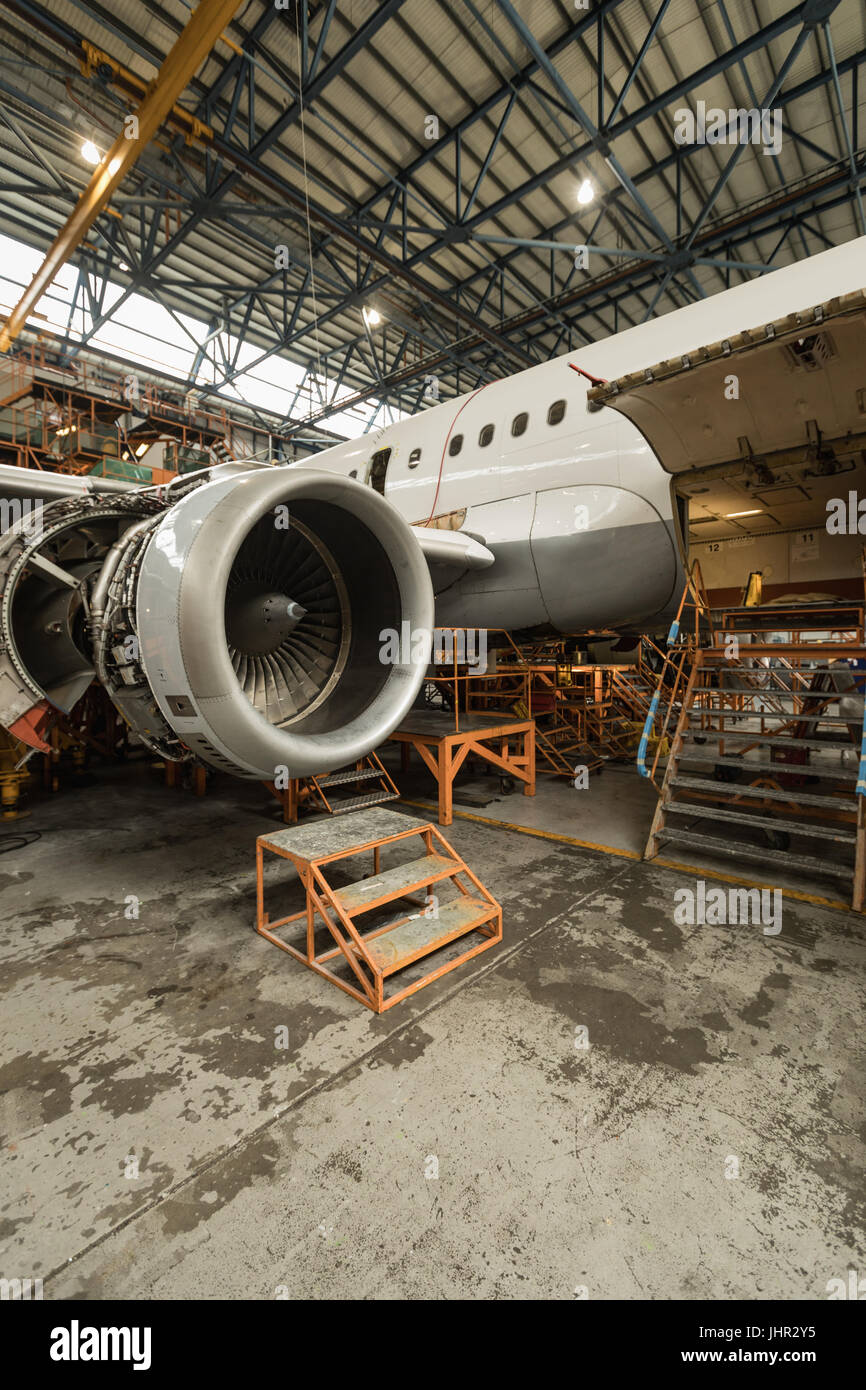 Aircraft for servicing at airlines maintenance facility Stock Photo