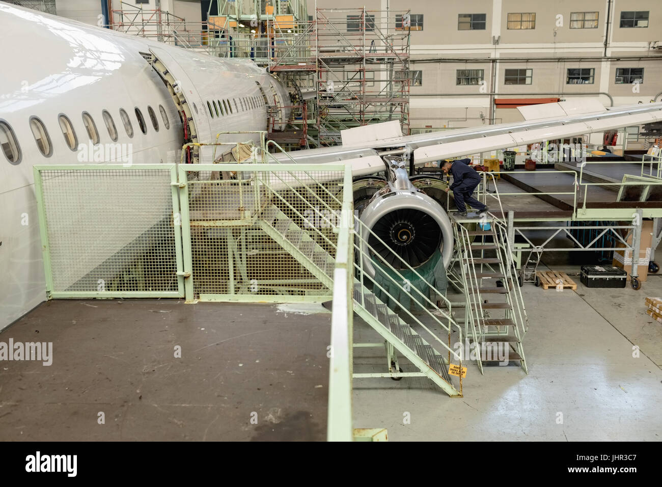 Aircraft for servicing at airlines maintenance facility Stock Photo
