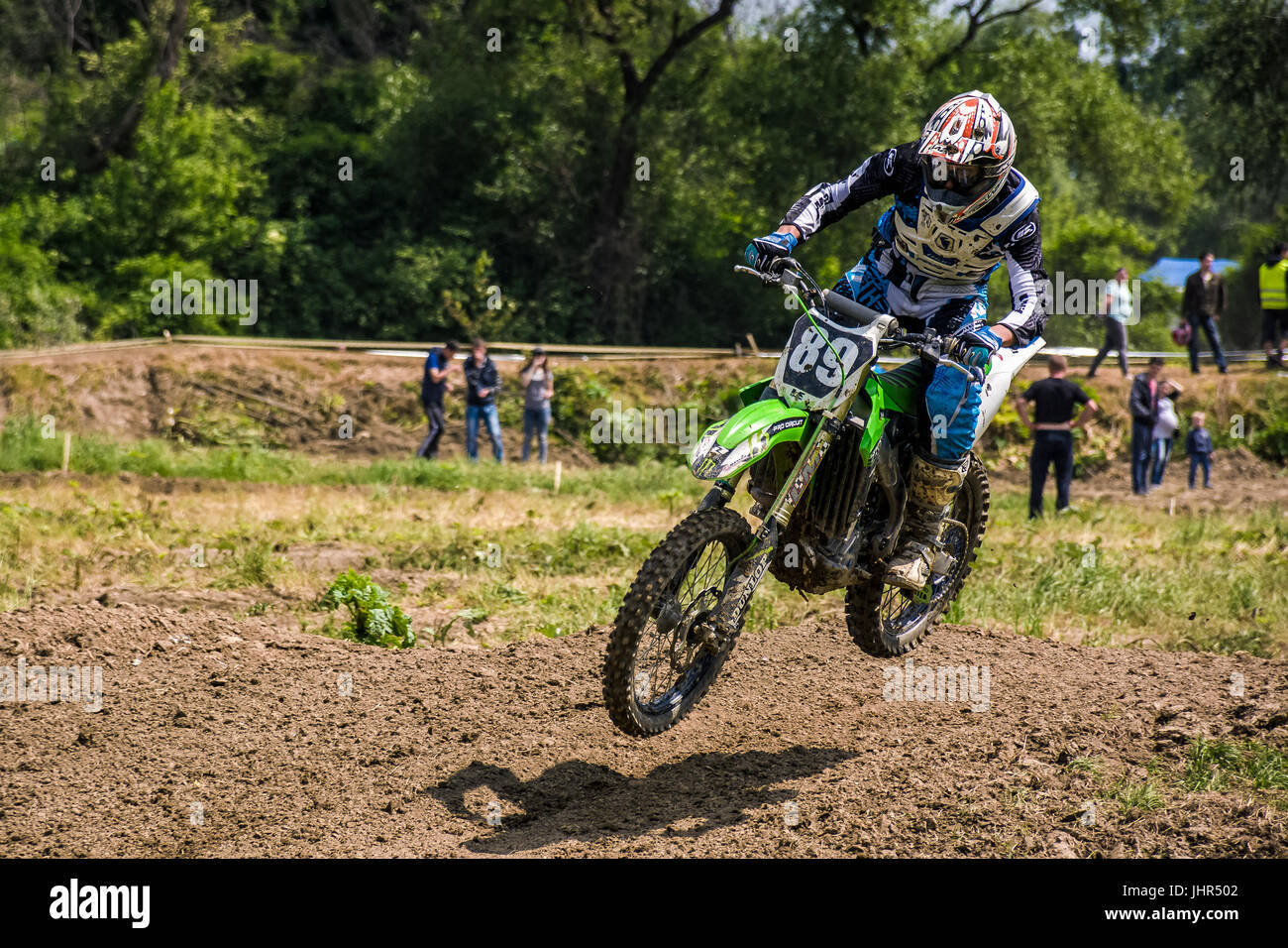 Uzhgorod, Ukraine - May 21, 2017: Dirt Bike Jumping. TransCarpathian regional Motocross Championship Stock Photo