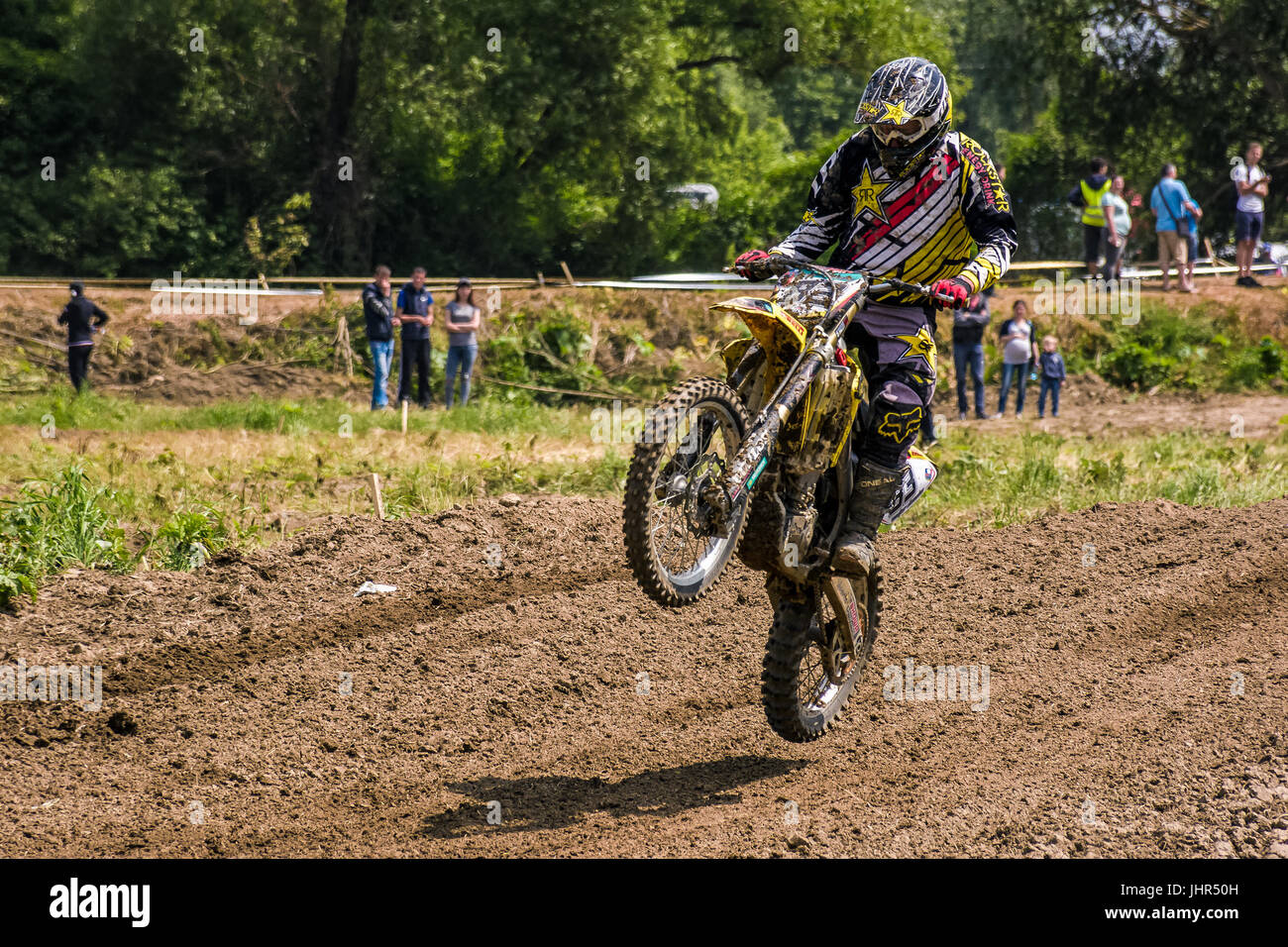 Uzhgorod, Ukraine - May 21, 2017: Dirt Bike Jumping. TransCarpathian regional Motocross Championship Stock Photo